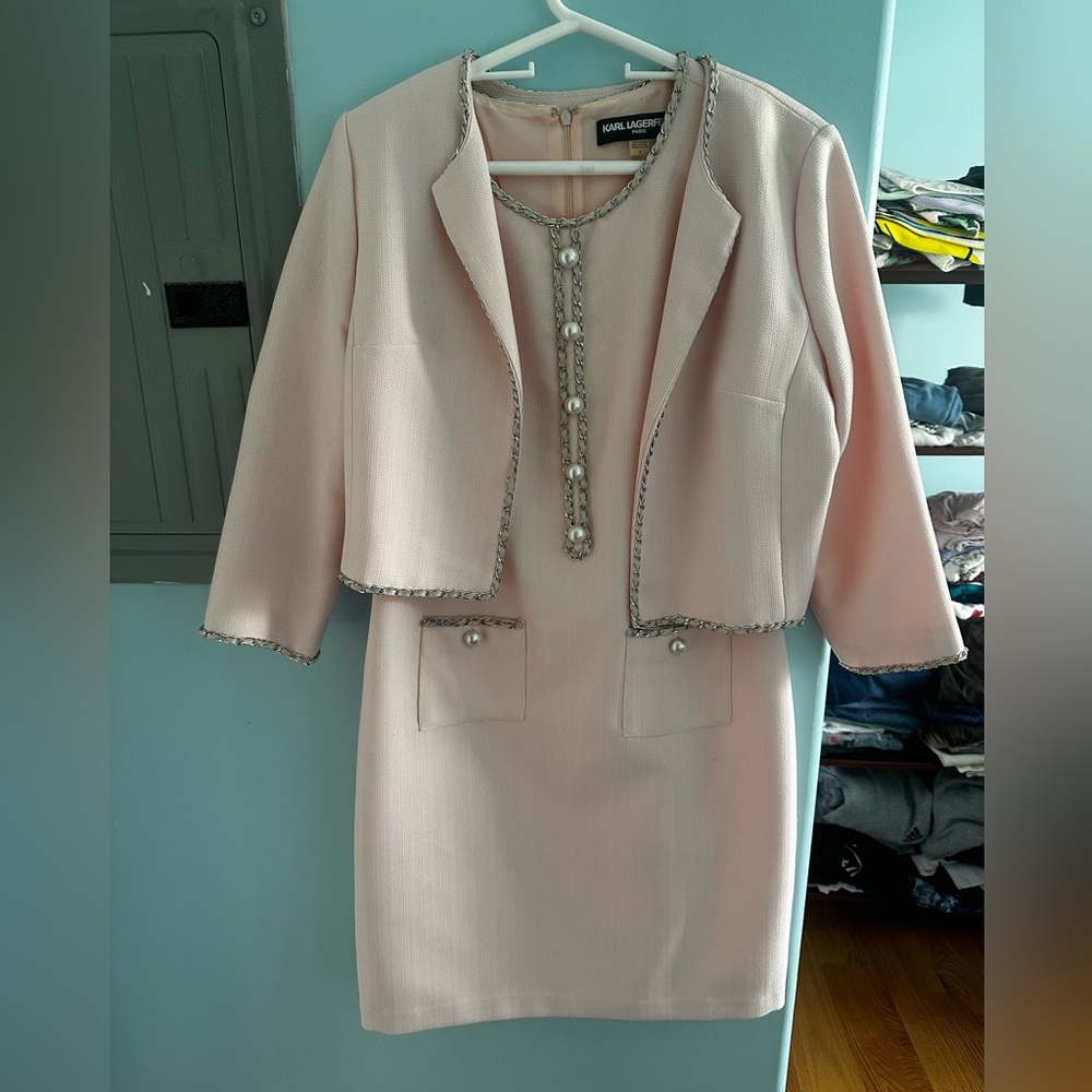 Karl Lagerfeld pink dress with pearls and jacket.